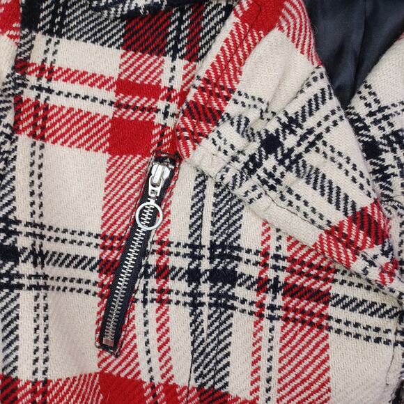 Express Women Plaid Wool Blend Moto Belted Jacket Medium Black Red Preppy Bomber - Picture 5 of 14